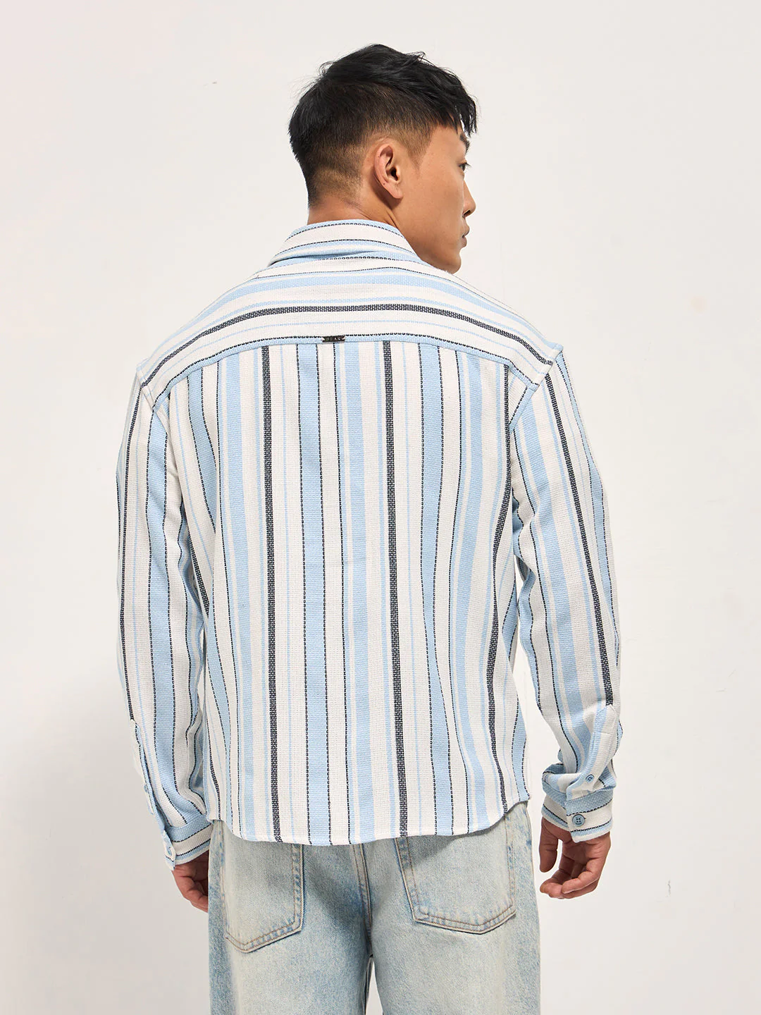 Men Multi-Color Vertical Woven Stripes Relax Fit Overshirt - Image 2