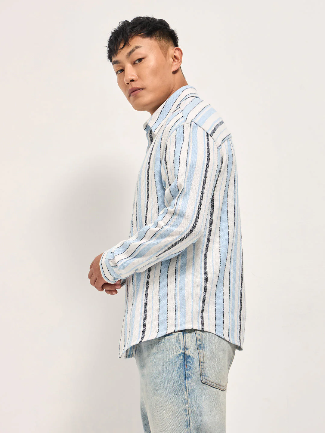 Men Multi-Color Vertical Woven Stripes Relax Fit Overshirt - Image 3