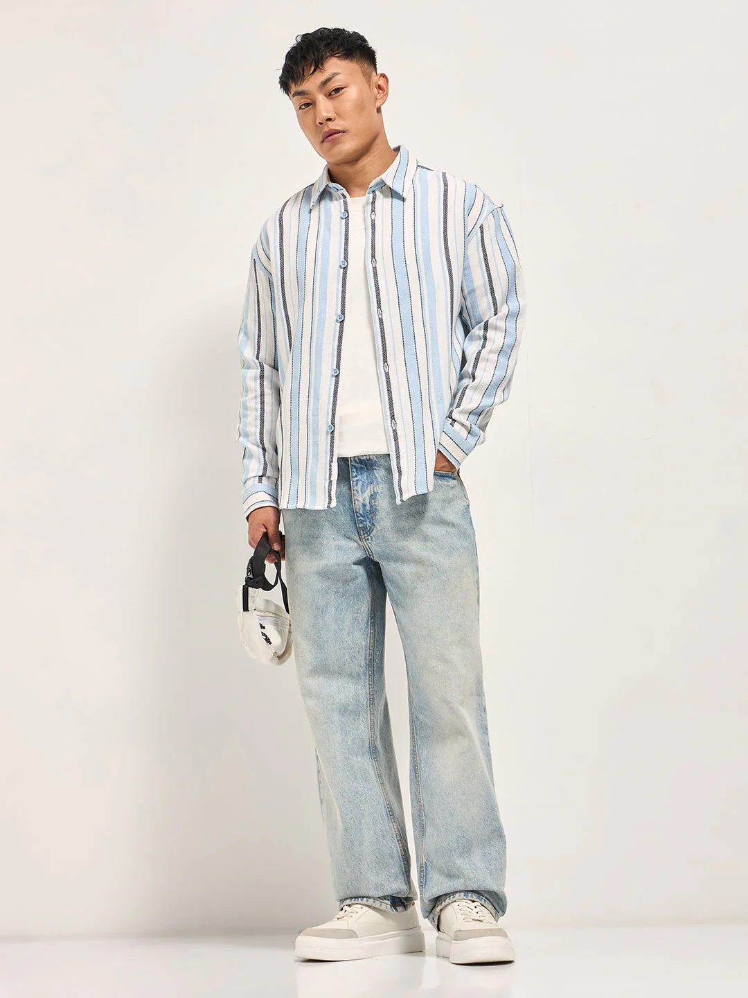 Men Multi-Color Vertical Woven Stripes Relax Fit Overshirt - Image 4