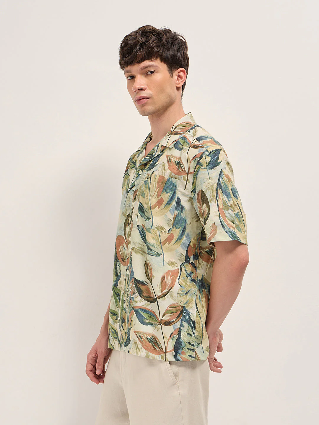 Men Multicolor Abstract Botanical Print Oversized Fit Half Sleeve Shirt - Image 3