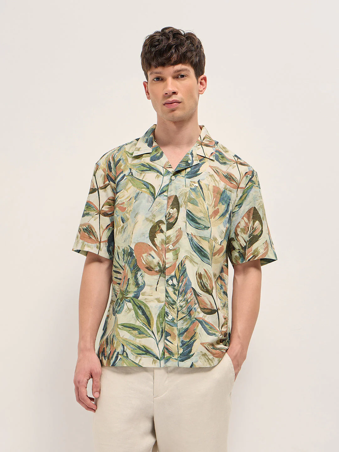 Men Multicolor Abstract Botanical Print Oversized Fit Half Sleeve Shirt - Image 6