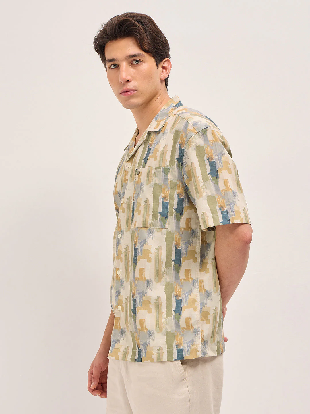 Men Multicolor Abstract Brushstroke Print Oversized Fit Half Sleeve Shirt - Image 3