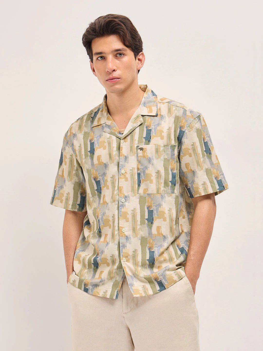 Men Multicolor Abstract Brushstroke Print Oversized Fit Half Sleeve Shirt - Image 6