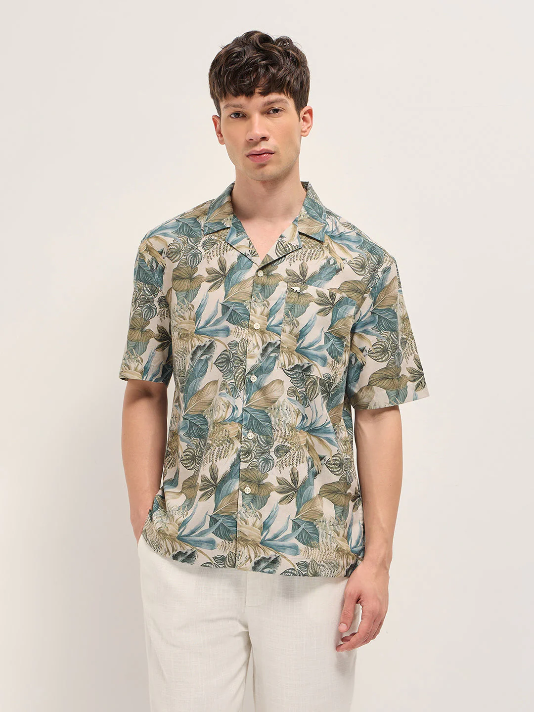 Men Multicolor Abstract Tropical Leaf Print Oversized Fit Half Sleeve Shirt - Image 6
