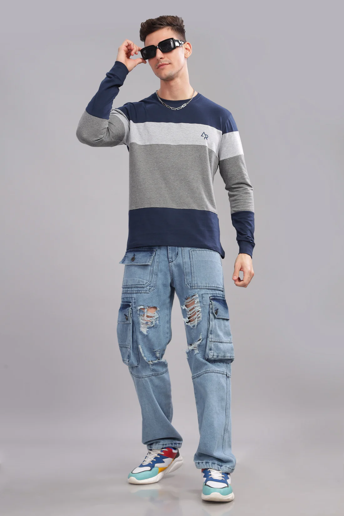 Men Multicolor Colorblock Full Sleeve T-Shirt - Image 2