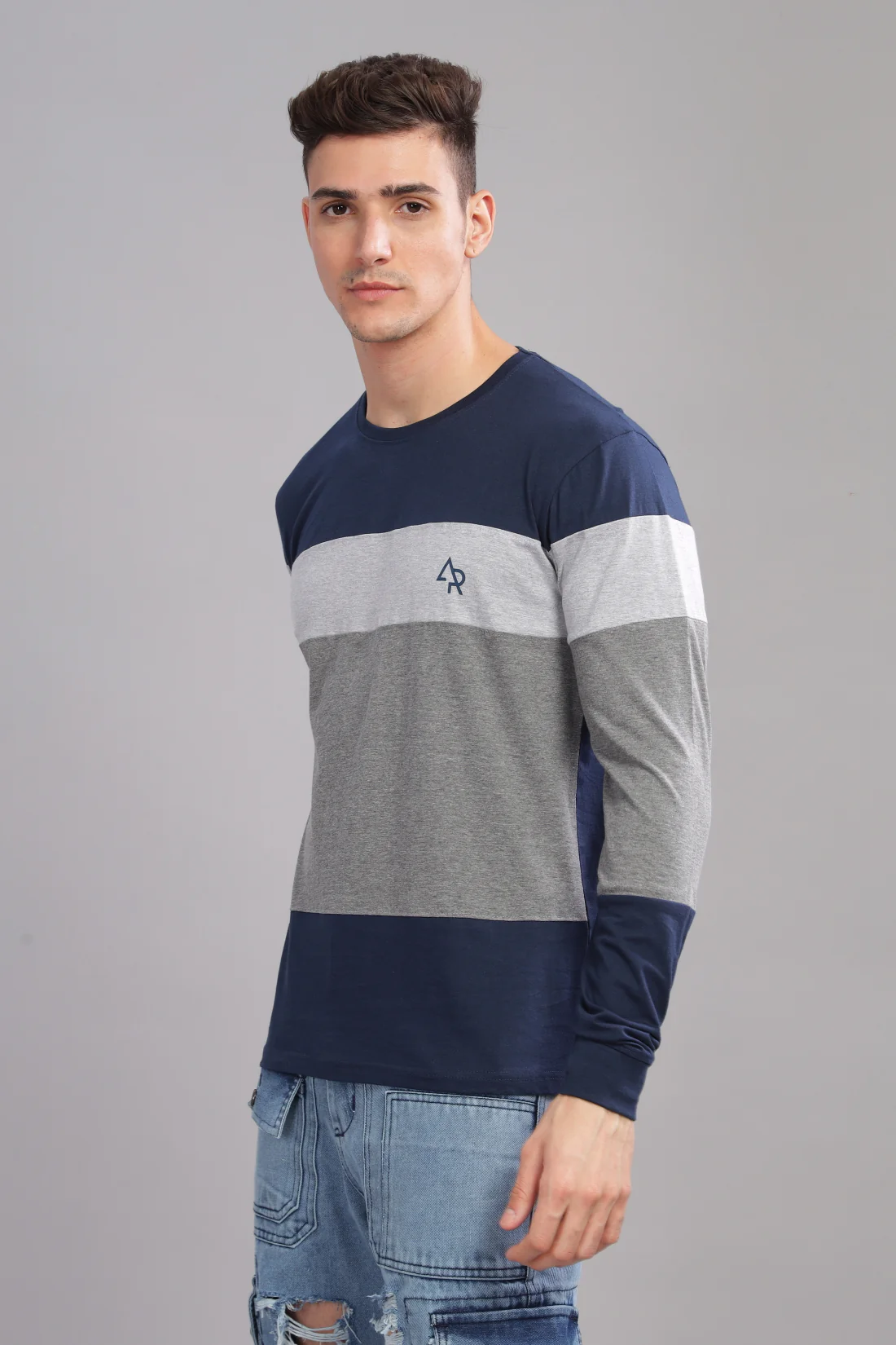 Men Multicolor Colorblock Full Sleeve T-Shirt - Image 3