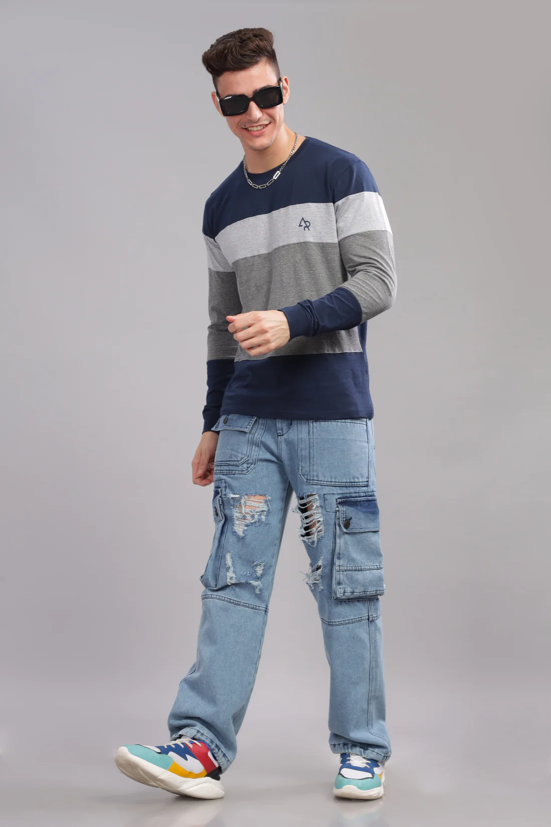 Men Multicolor Colorblock Full Sleeve T-Shirt - Image 7