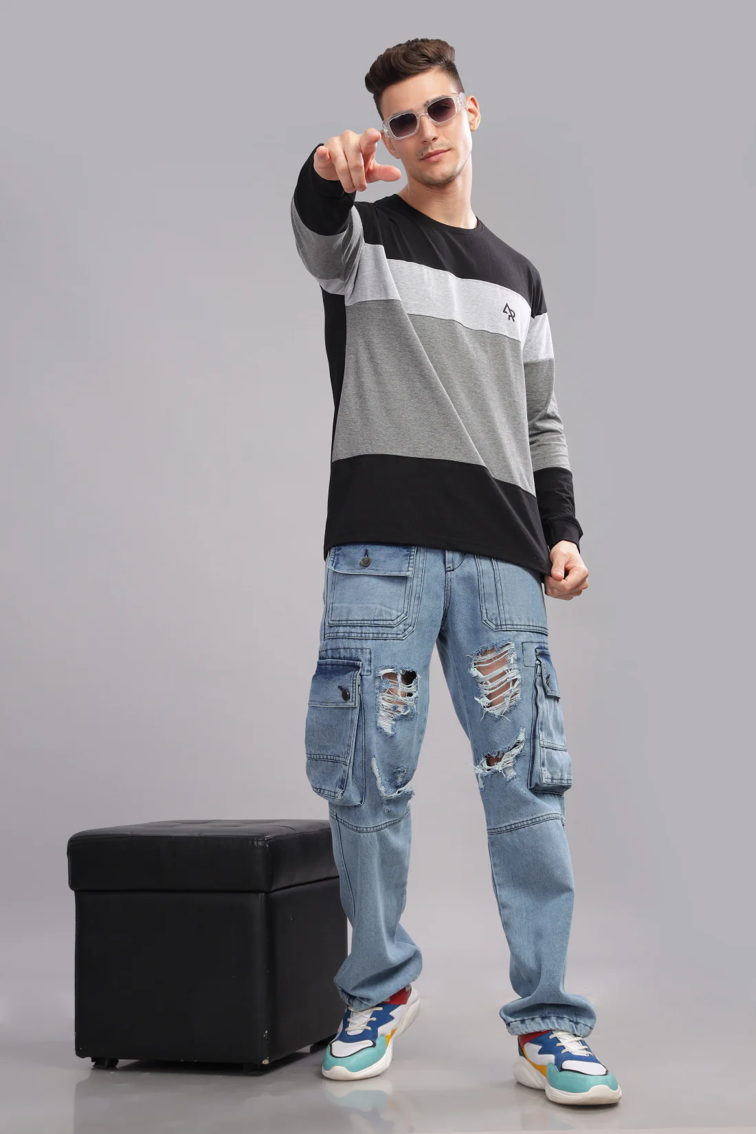 Men Multicolor Colorblock Full Sleeve T-Shirt - Image 2