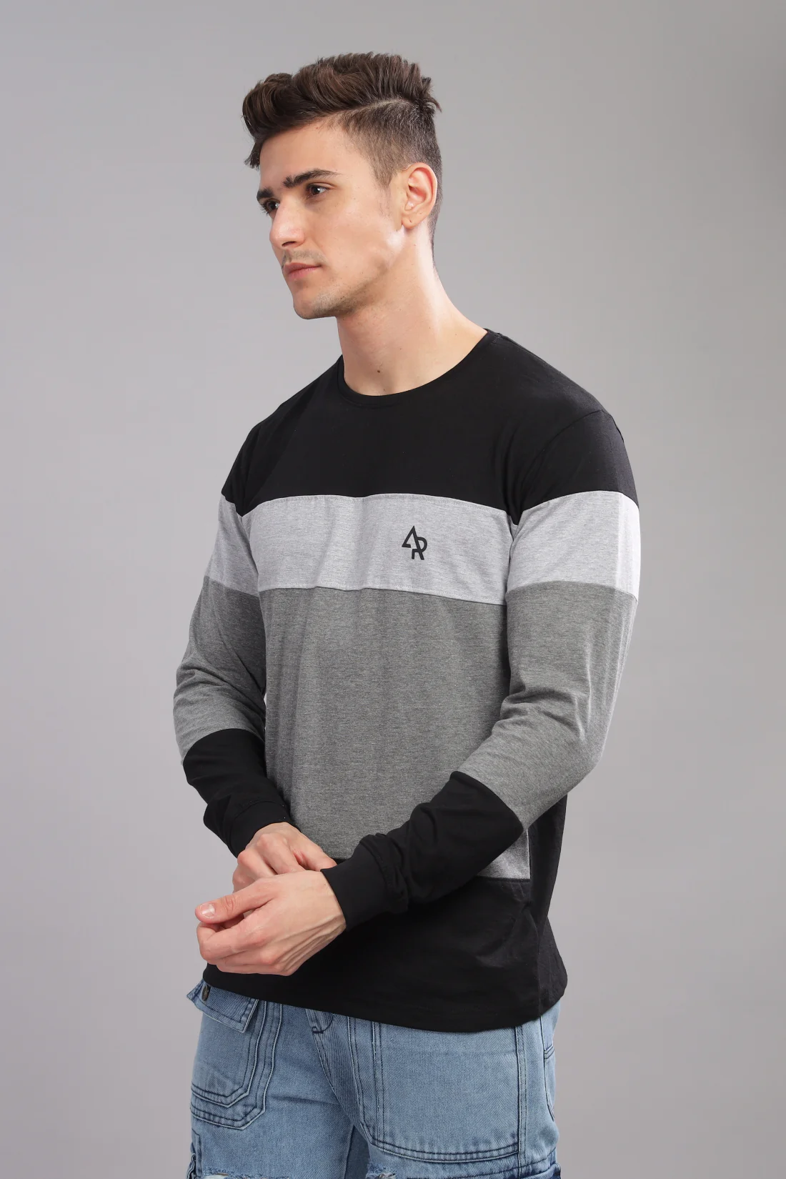 Men Multicolor Colorblock Full Sleeve T-Shirt - Image 3