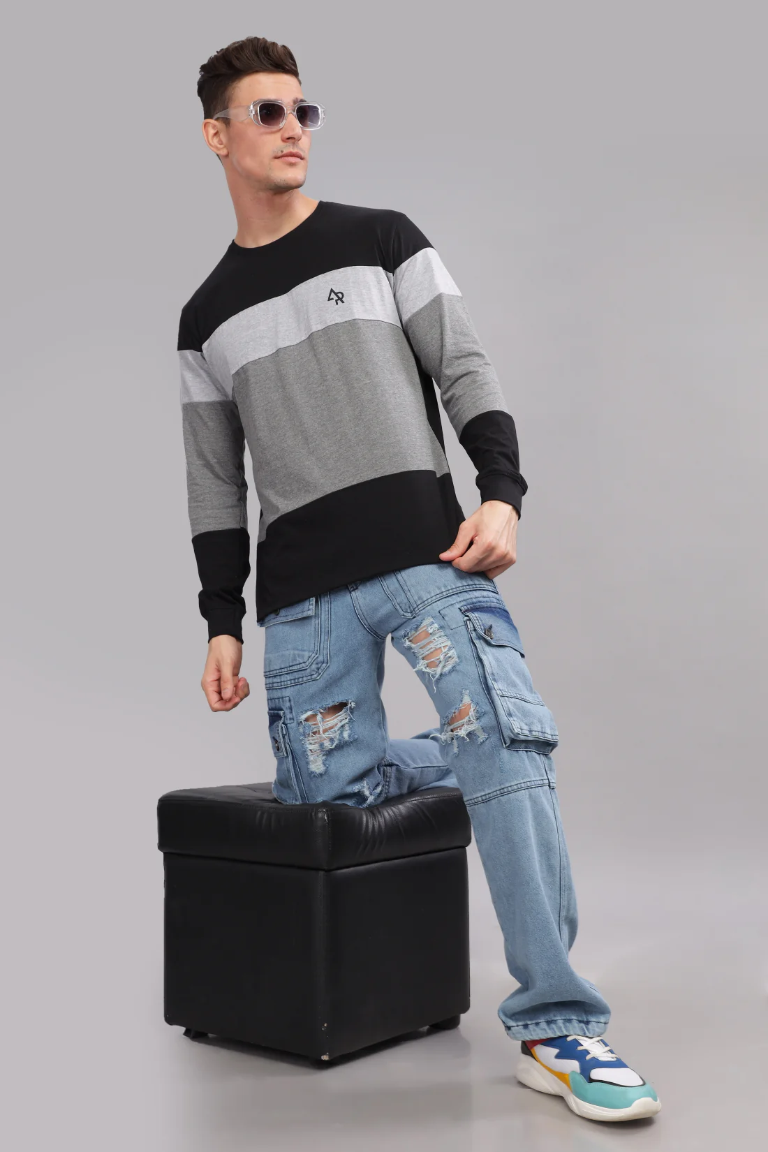 Men Multicolor Colorblock Full Sleeve T-Shirt - Image 6