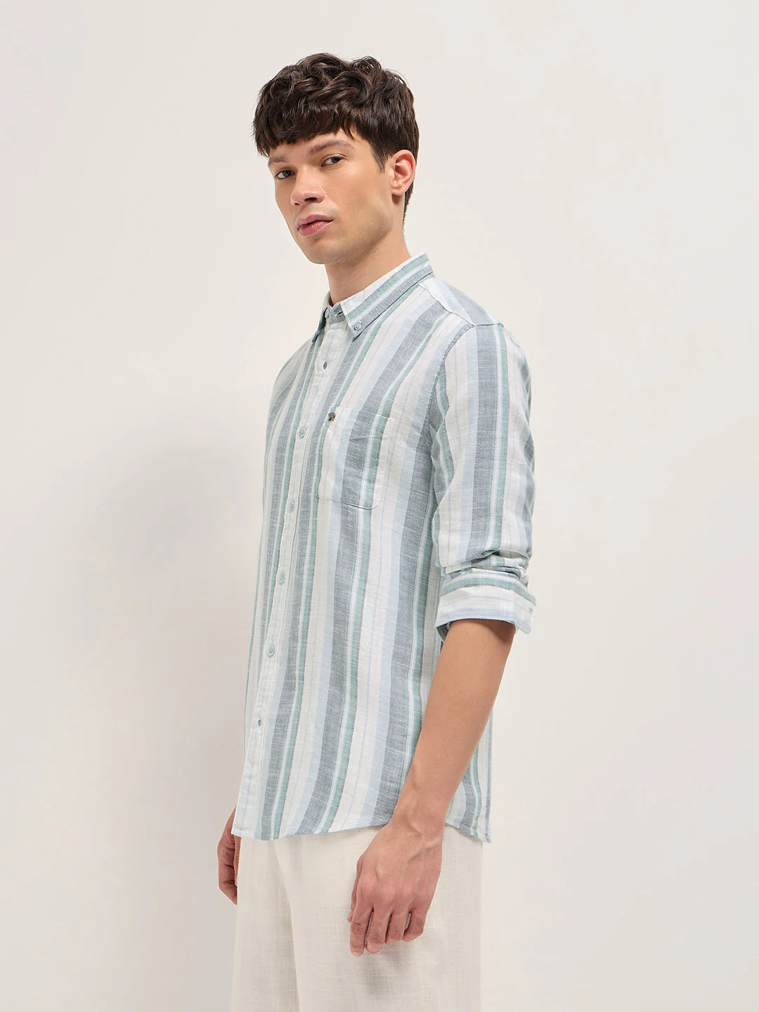 Men Multicolor Herringbone Stripe Slim Fit Cotton Casual Shirt - Image 3