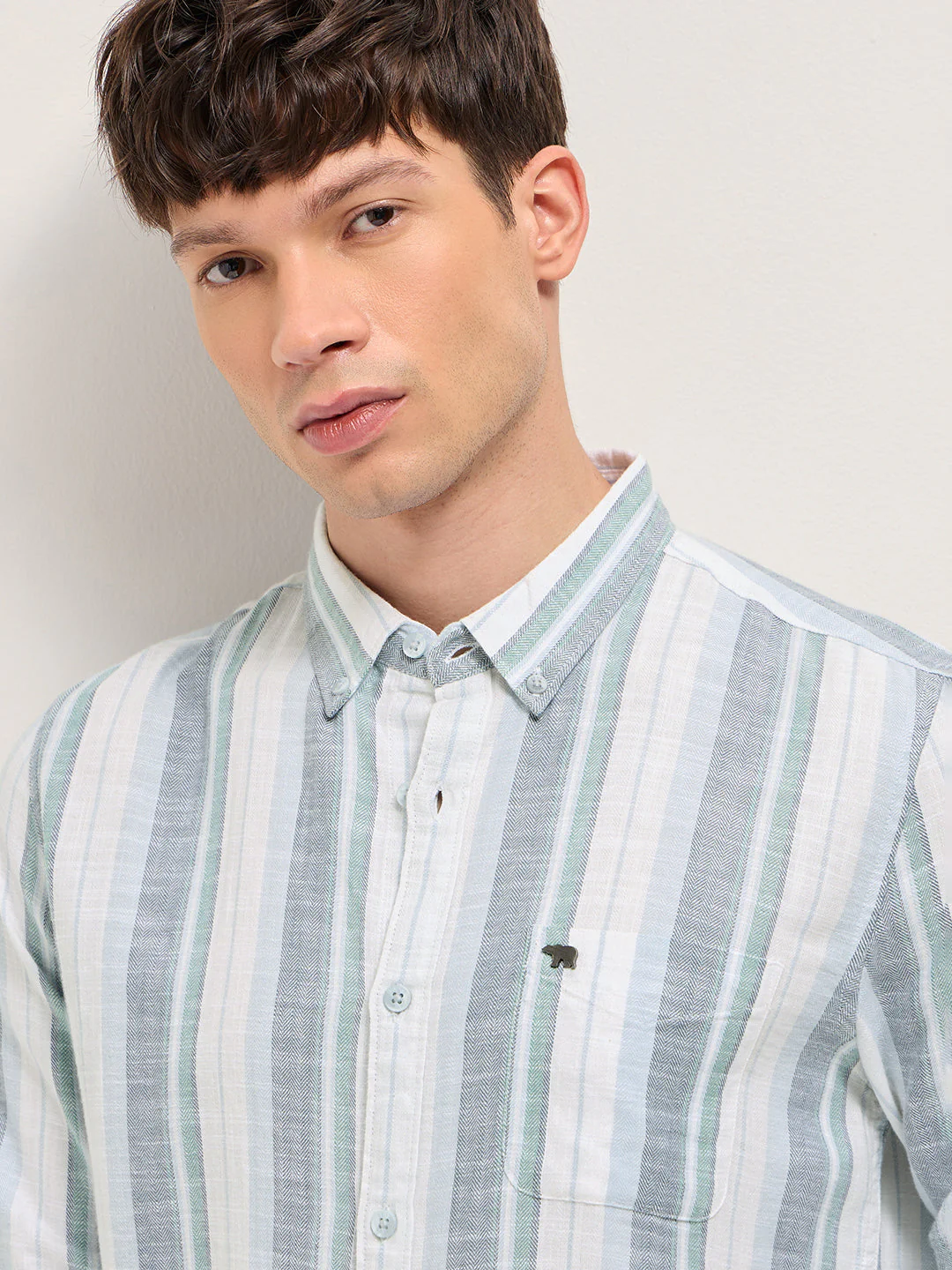 Men Multicolor Herringbone Stripe Slim Fit Cotton Casual Shirt - Image 5