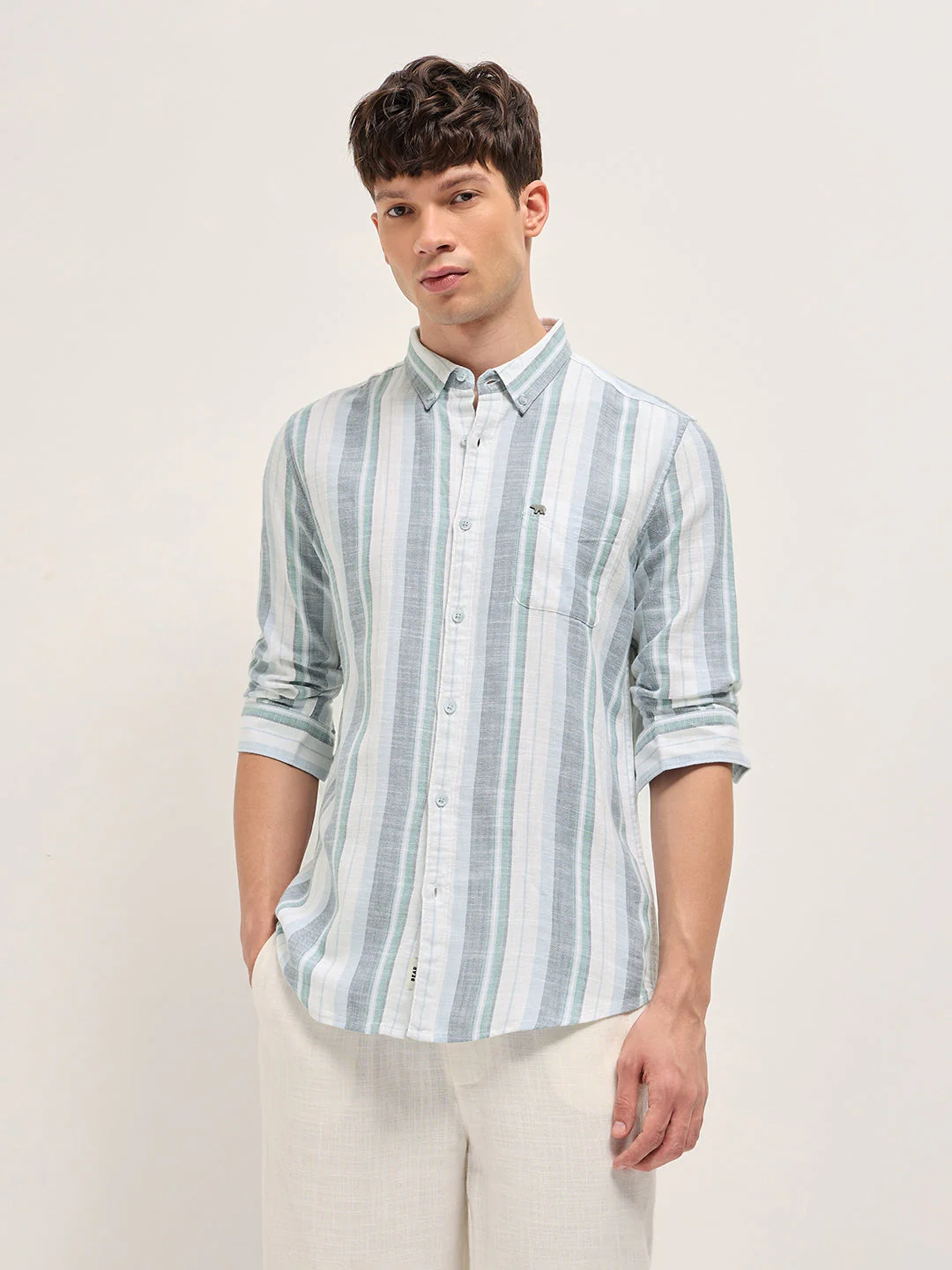 Men Multicolor Herringbone Stripe Slim Fit Cotton Casual Shirt - Image 6