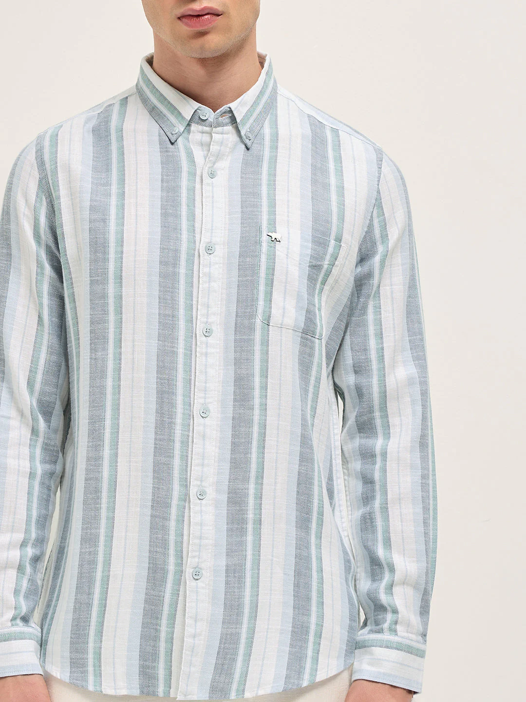 Men Multicolor Herringbone Stripe Slim Fit Cotton Casual Shirt - Image 7