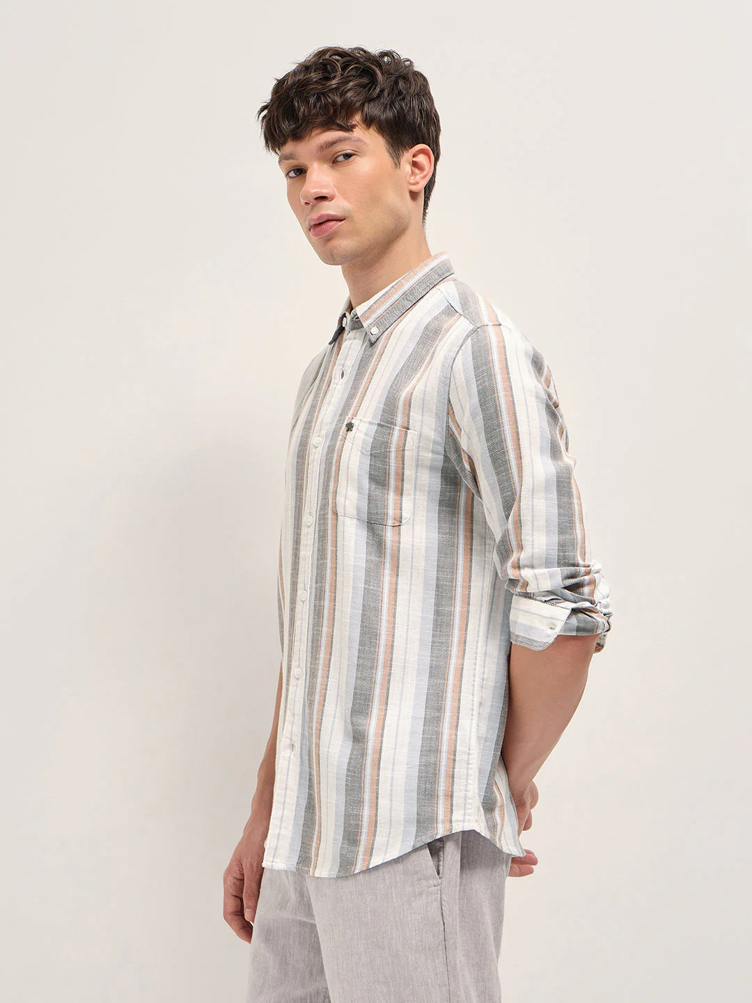 Men Multicolor Herringbone Stripe Slim Fit Cotton Casual Shirt - Image 3