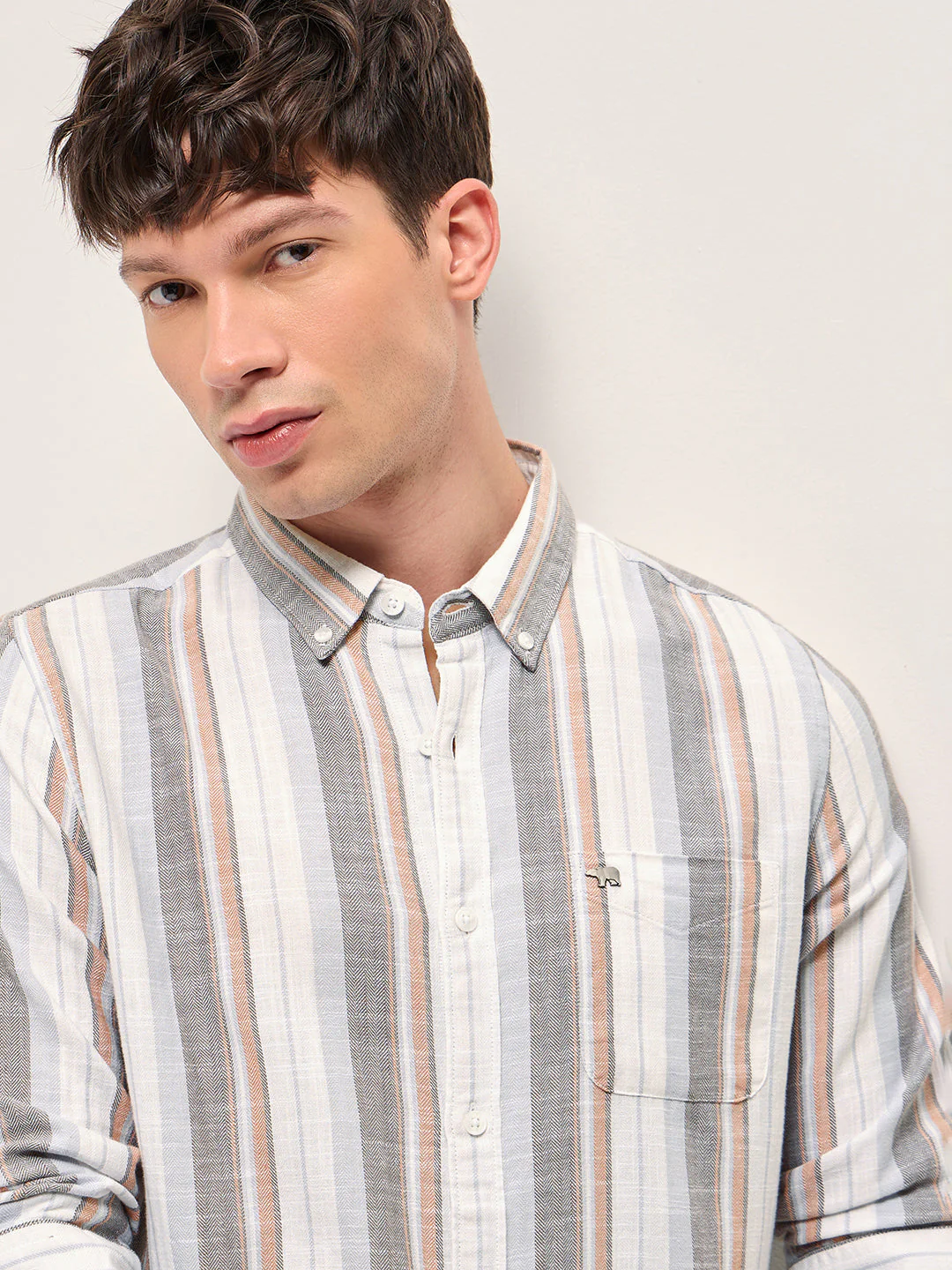 Men Multicolor Herringbone Stripe Slim Fit Cotton Casual Shirt - Image 5