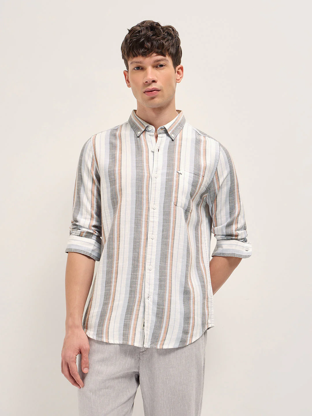 Men Multicolor Herringbone Stripe Slim Fit Cotton Casual Shirt - Image 6