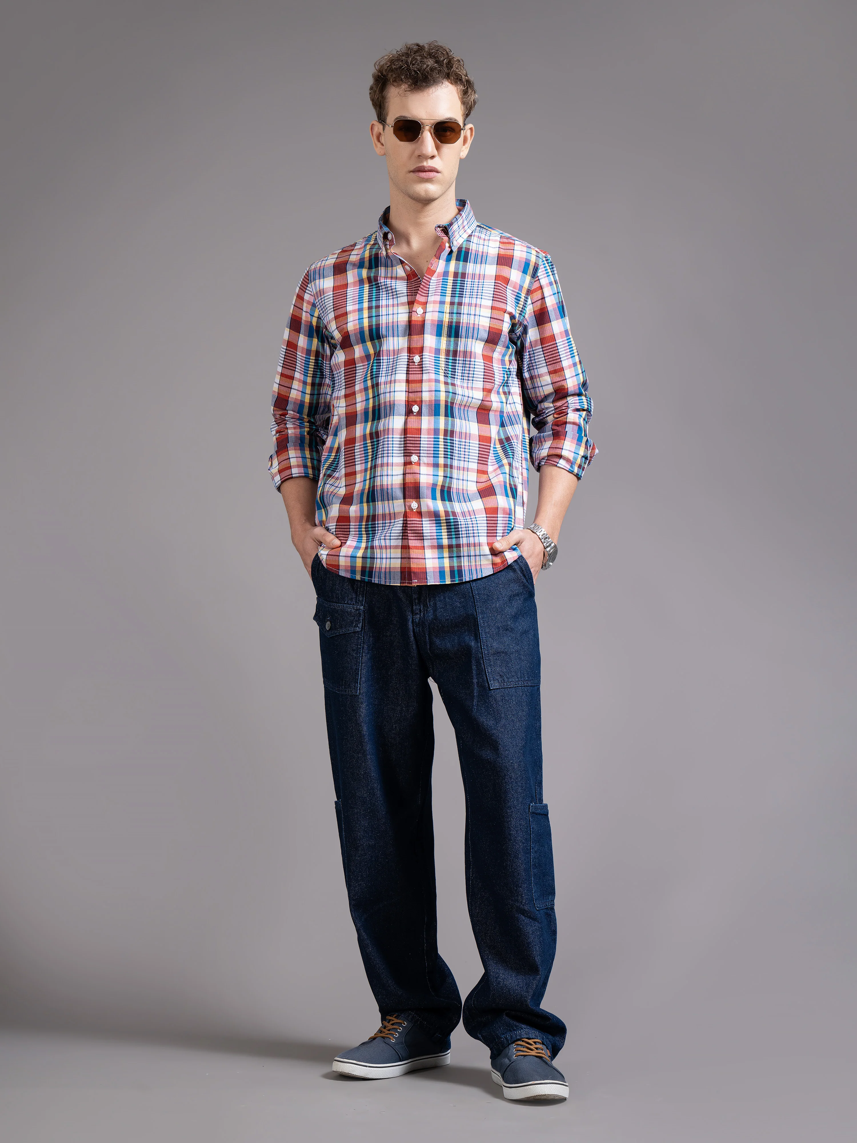 Men Multicolor Slim Fit Checked Shirt - Image 3