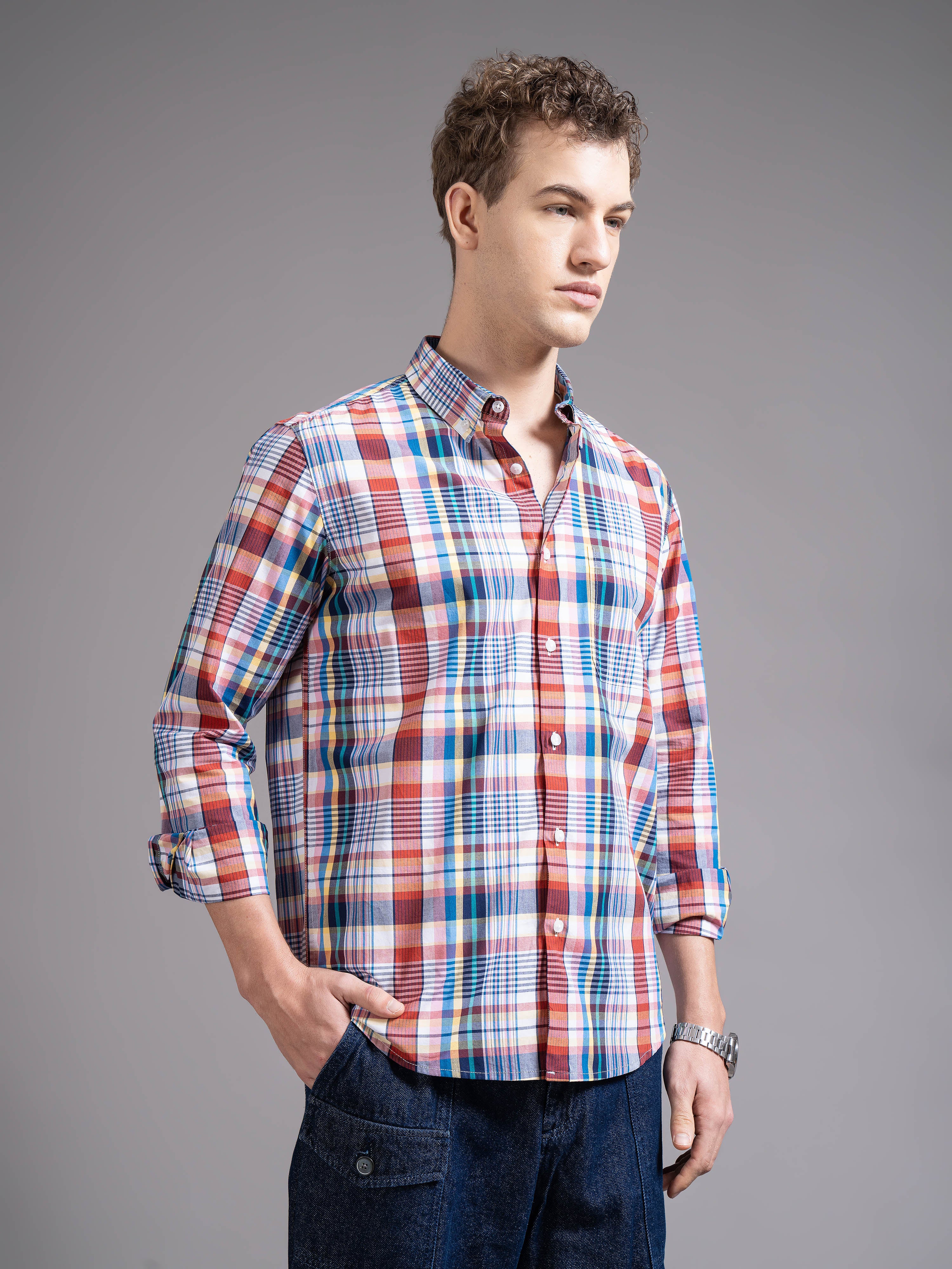 Men Multicolor Slim Fit Checked Shirt - Image 5