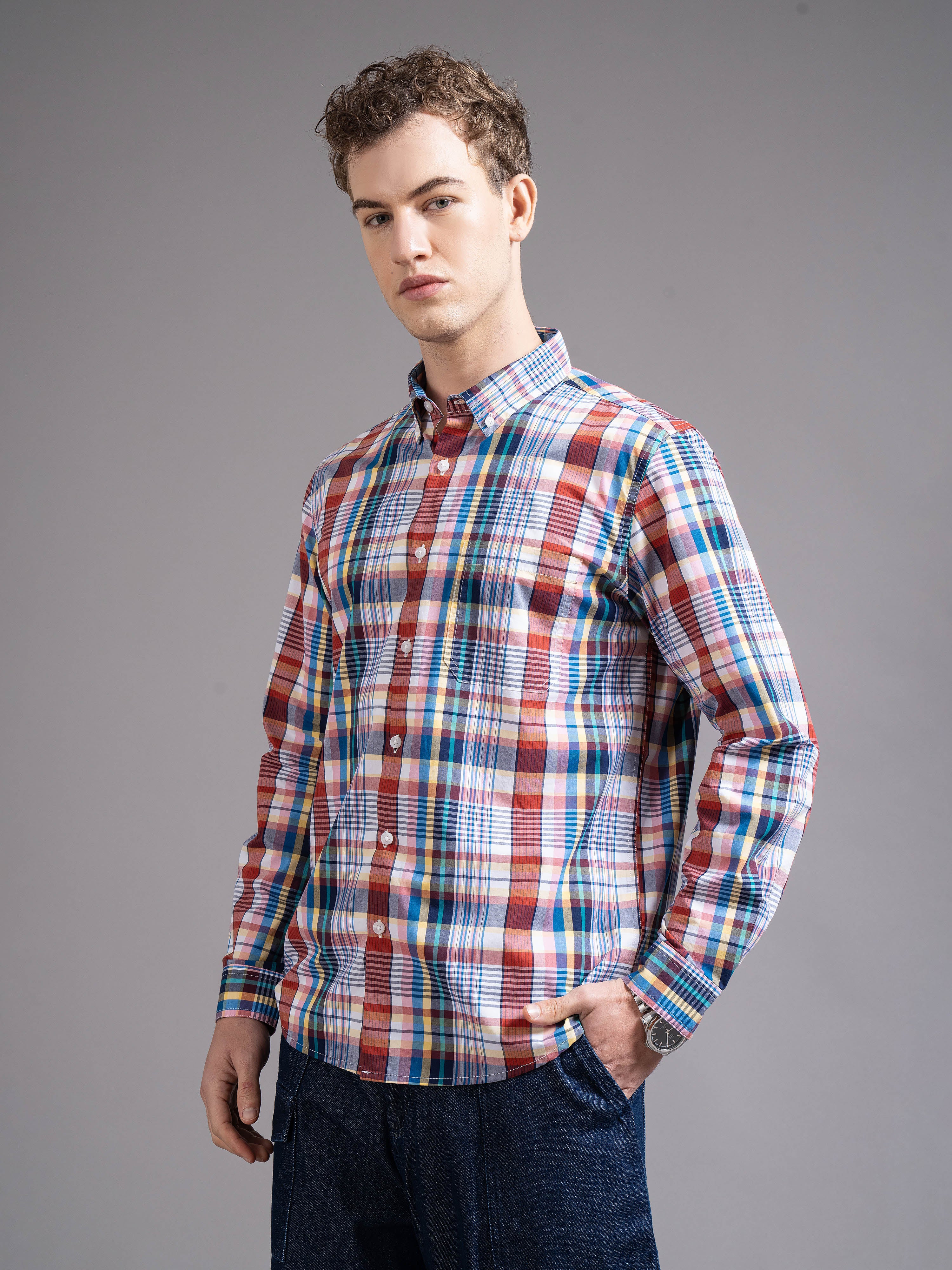 Men Multicolor Slim Fit Checked Shirt - Image 6