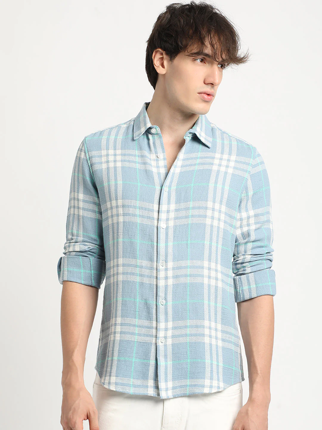 Men Multicolored Checked Slim Fit Cotton Casual Shirt - Image 2