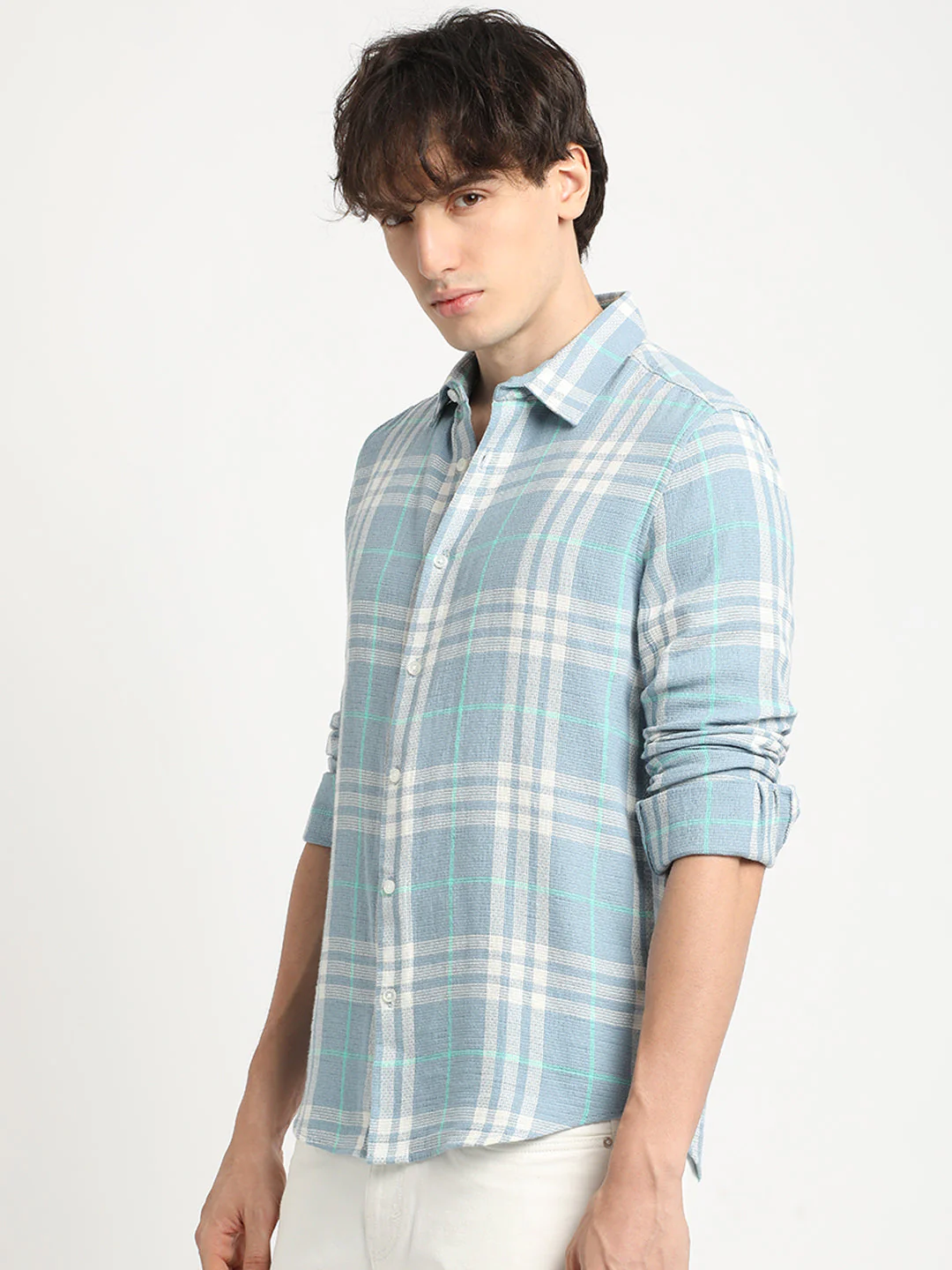 Men Multicolored Checked Slim Fit Cotton Casual Shirt - Image 3