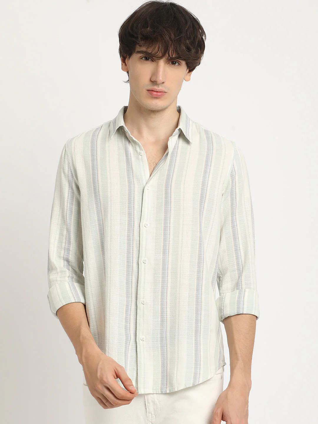 Men  Multicolored Stripe Slim Fit Cotton Casual Shirt - Image 2