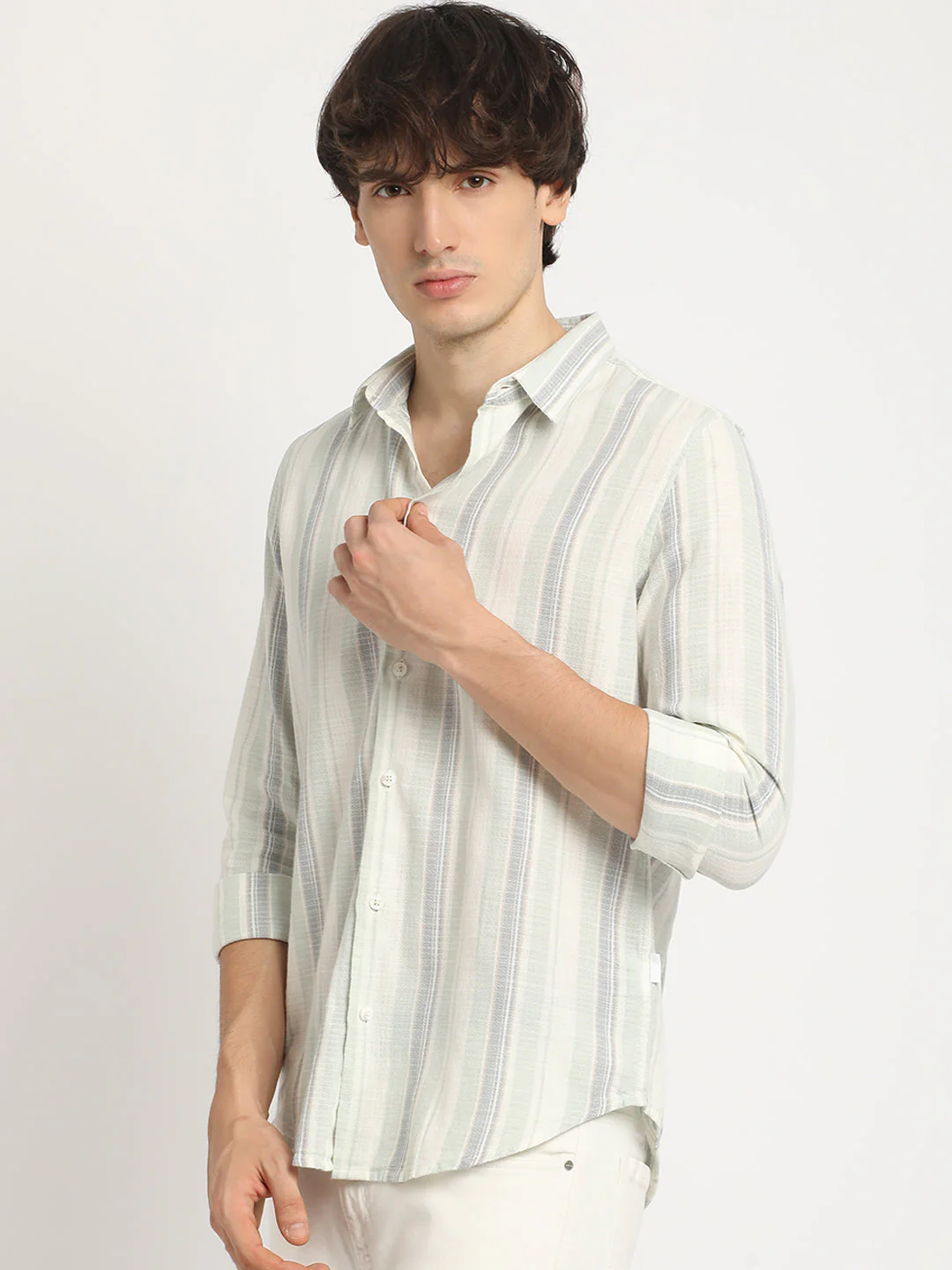 Men  Multicolored Stripe Slim Fit Cotton Casual Shirt - Image 3