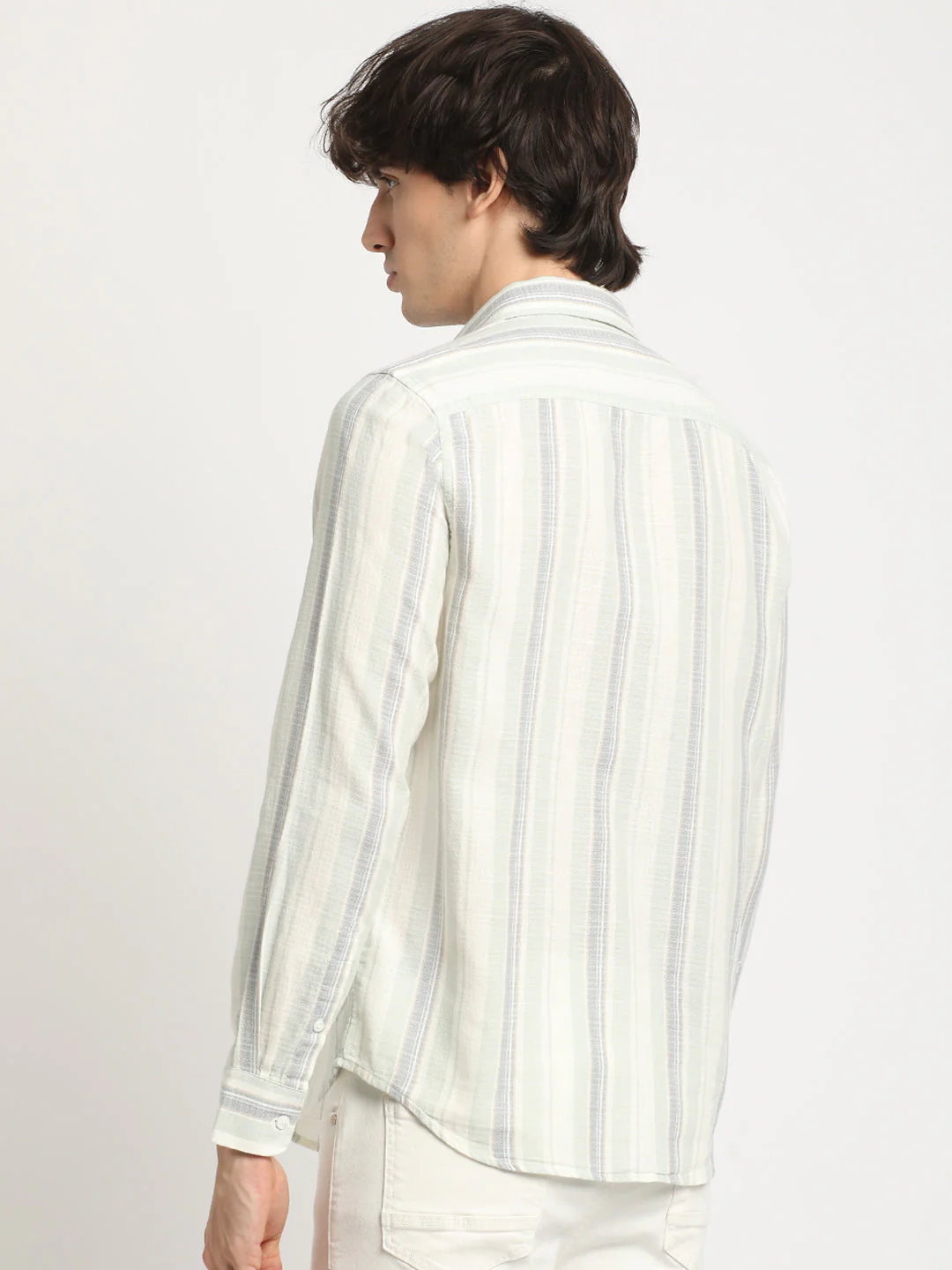 Men  Multicolored Stripe Slim Fit Cotton Casual Shirt - Image 4