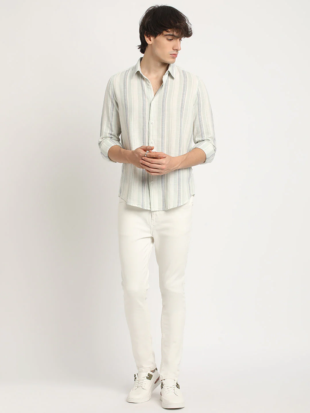 Men  Multicolored Stripe Slim Fit Cotton Casual Shirt - Image 5