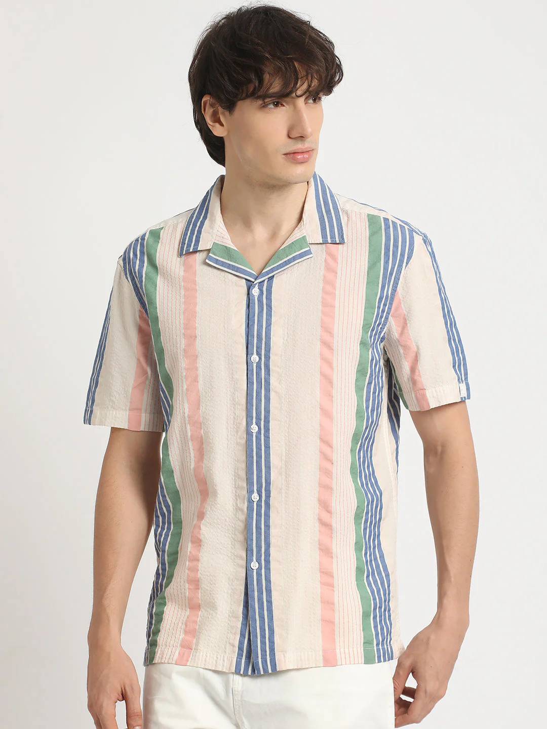 Men Multicolored Striped Regular Fit Cotton Casual Shirt - Image 2