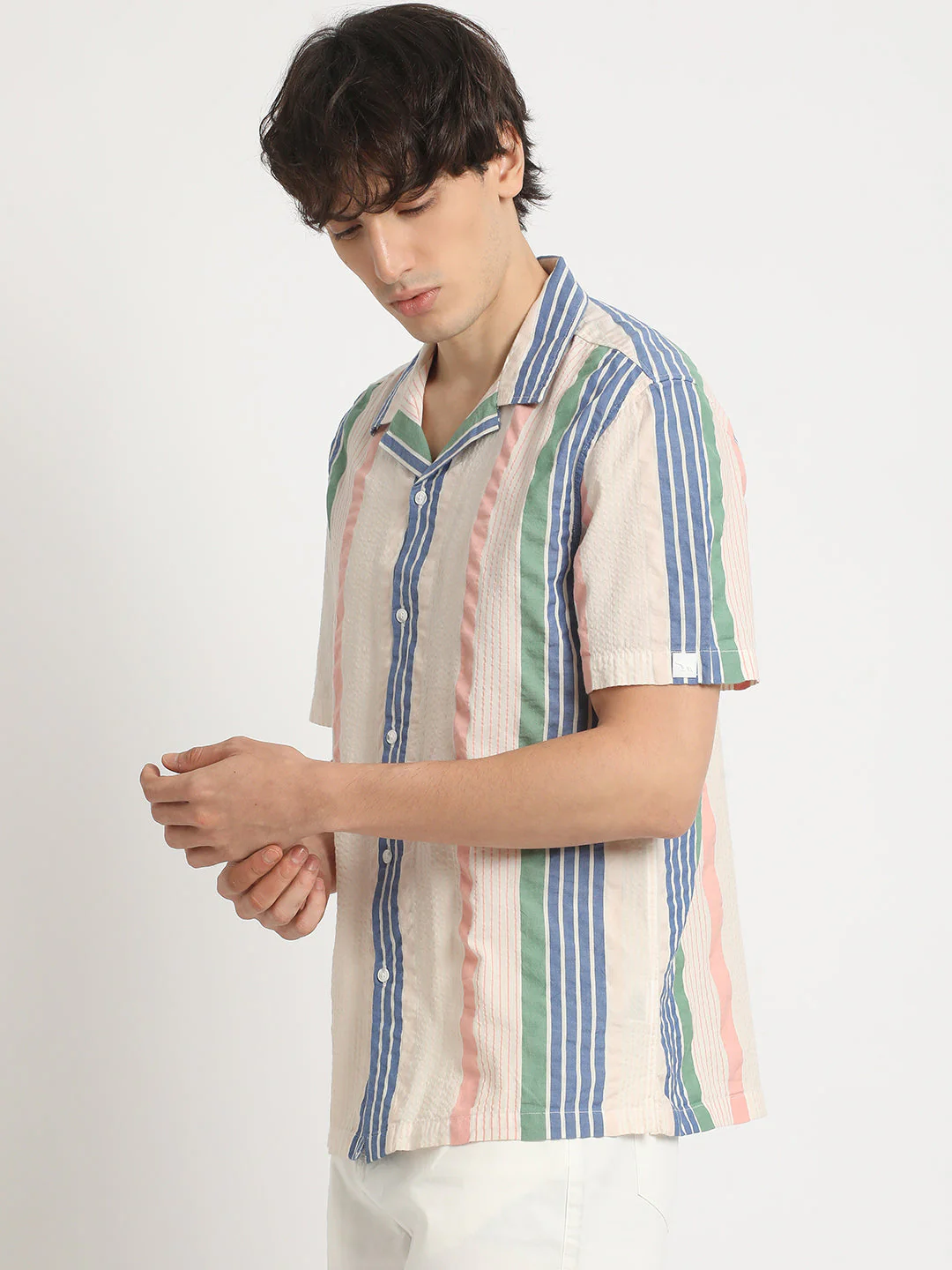 Men Multicolored Striped Regular Fit Cotton Casual Shirt - Image 3