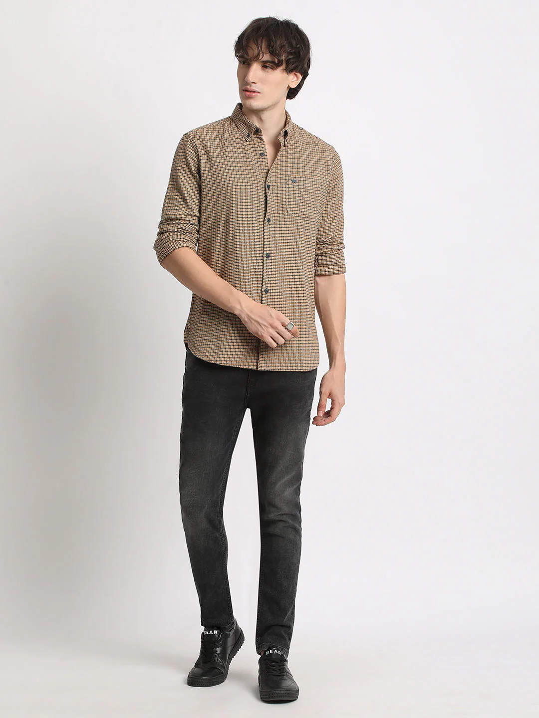 Men  Mustard Checked Slim Fit Casual Shirt - Image 5