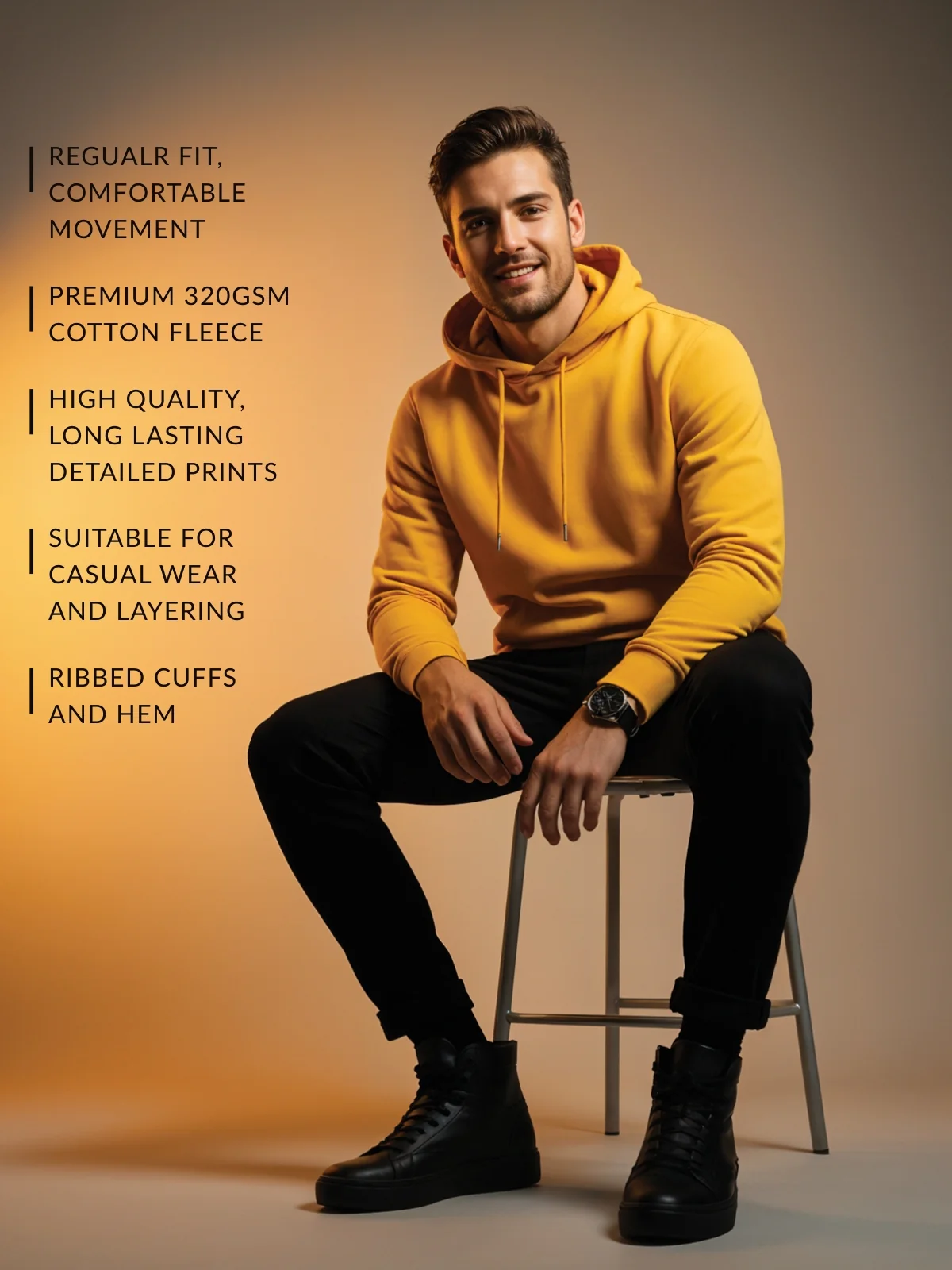 Men Mustard Cotton Fleece Printed Hoodie - Image 3