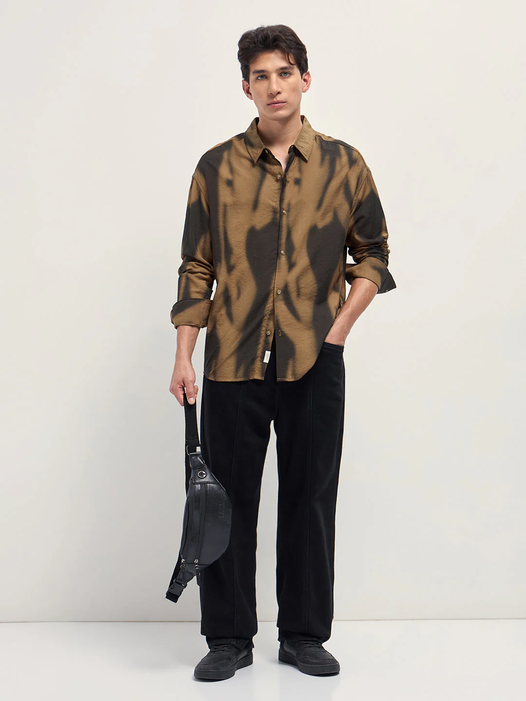 Men Mustard Digital Abstract Print Relaxed Fit Overshirt Shirt - Image 4
