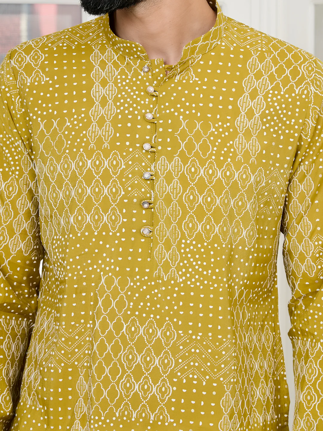 Men Mustard Embossed and Foil Kurta - Image 2