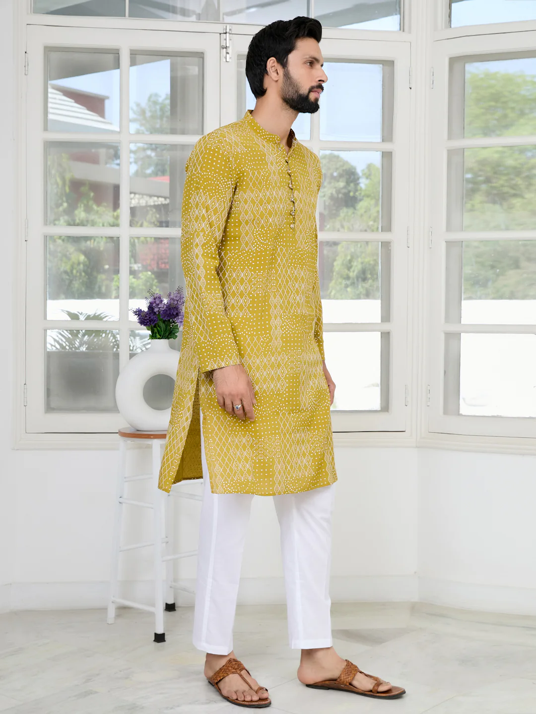 Men Mustard Embossed and Foil Kurta - Image 3