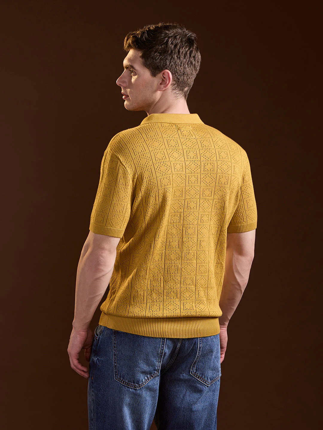 Men Mustard Perforated Texture Design Slim Fit Polo - Image 2
