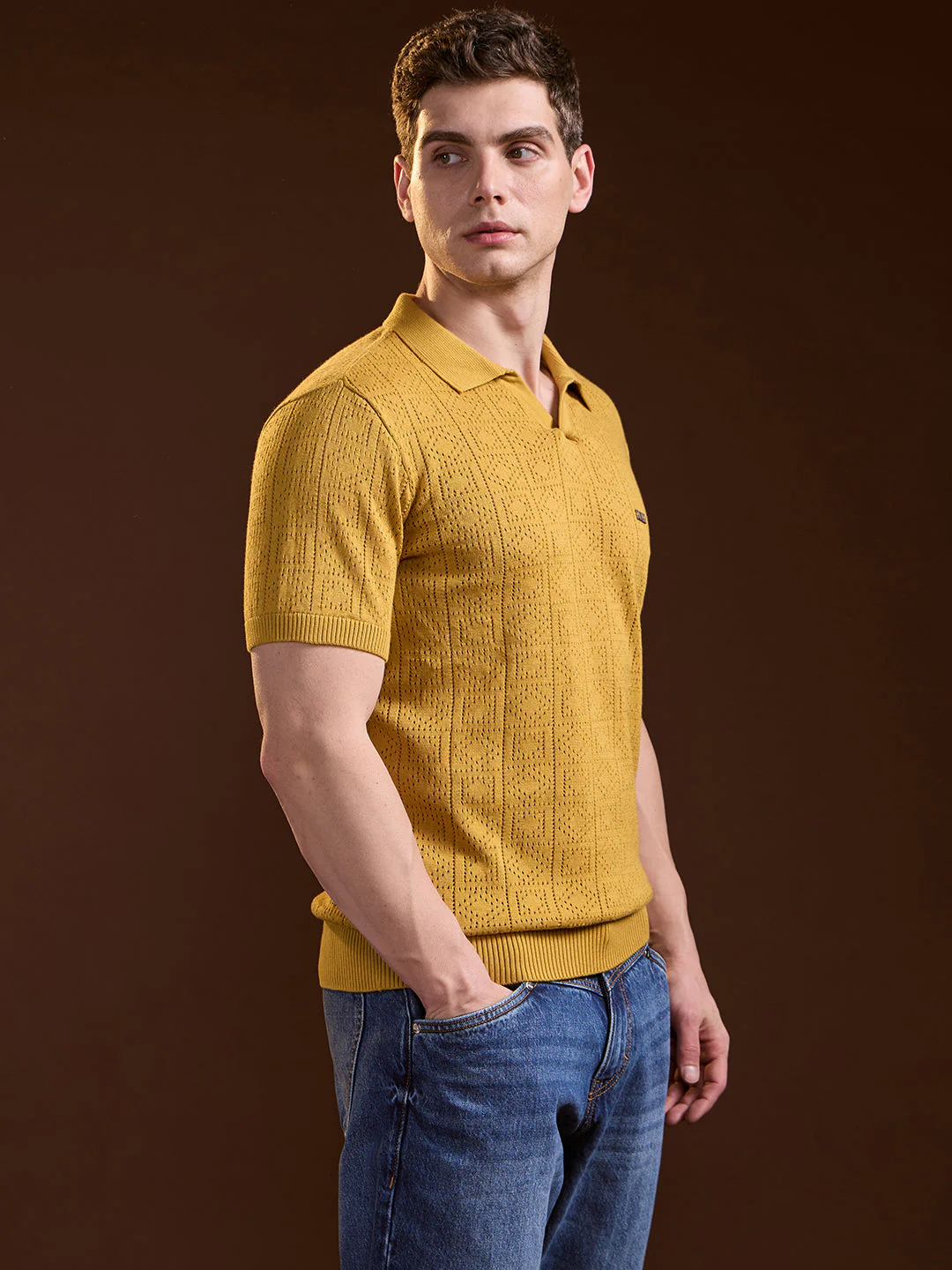 Men Mustard Perforated Texture Design Slim Fit Polo - Image 3