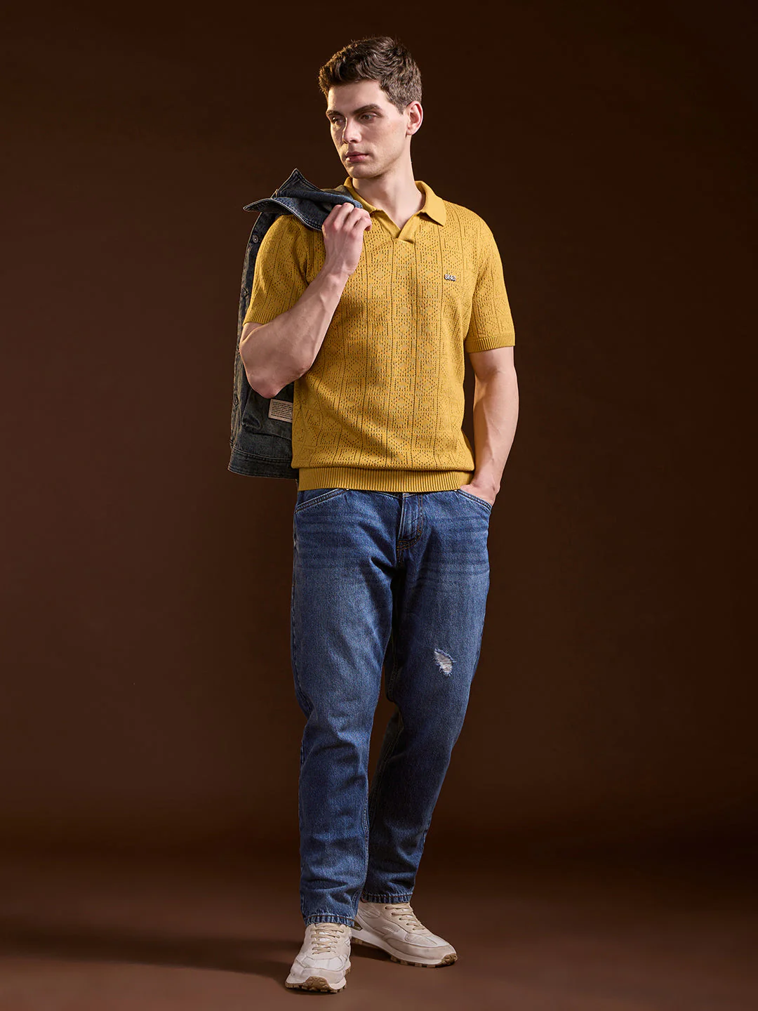 Men Mustard Perforated Texture Design Slim Fit Polo - Image 4