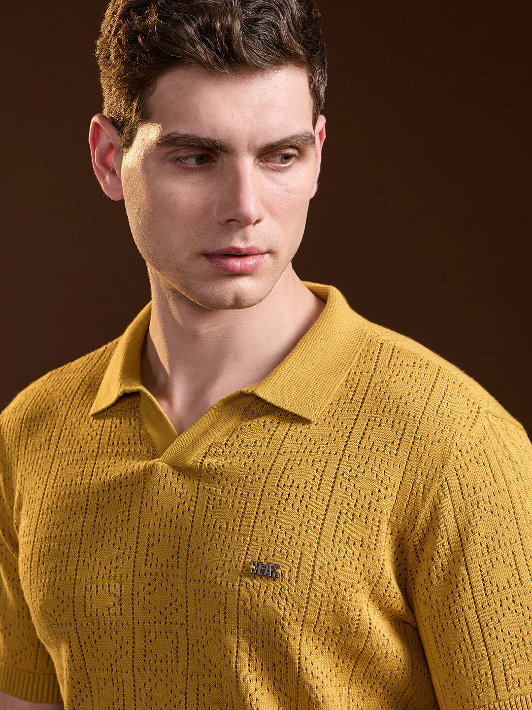 Men Mustard Perforated Texture Design Slim Fit Polo - Image 5