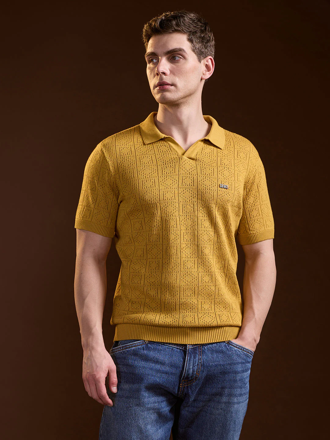 Men Mustard Perforated Texture Design Slim Fit Polo - Image 6