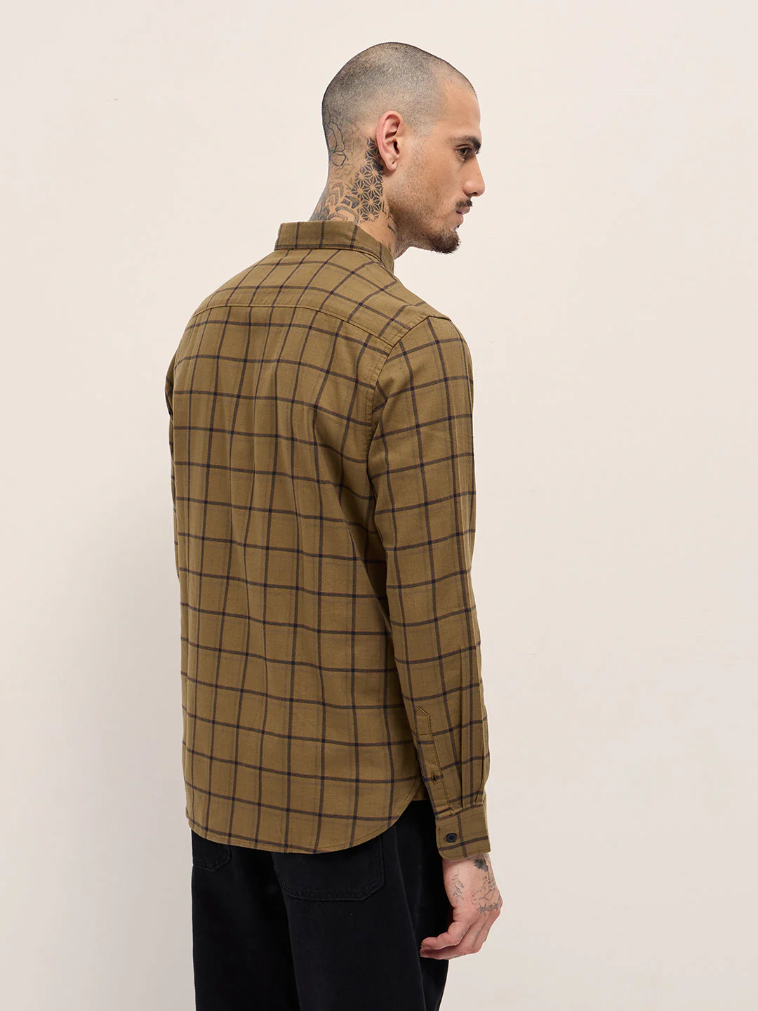 Men Mustard Plaid Checks Design Slim Fit Casual Shirt - Image 2