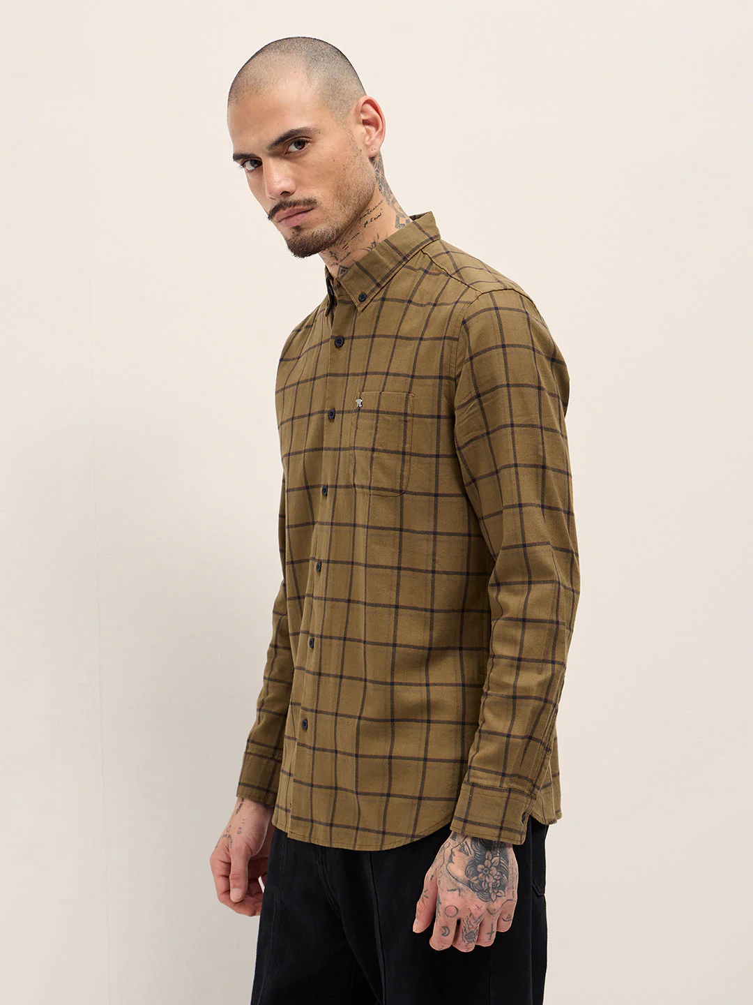 Men Mustard Plaid Checks Design Slim Fit Casual Shirt - Image 3