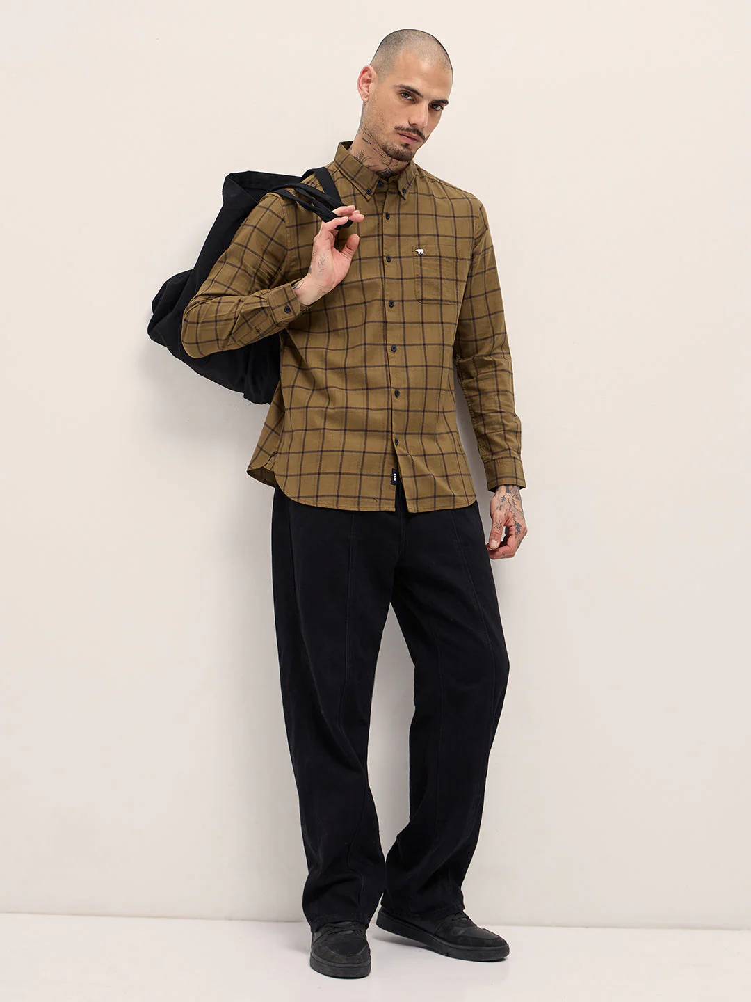 Men Mustard Plaid Checks Design Slim Fit Casual Shirt - Image 4