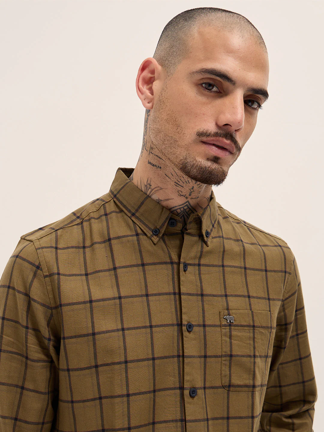 Men Mustard Plaid Checks Design Slim Fit Casual Shirt - Image 5