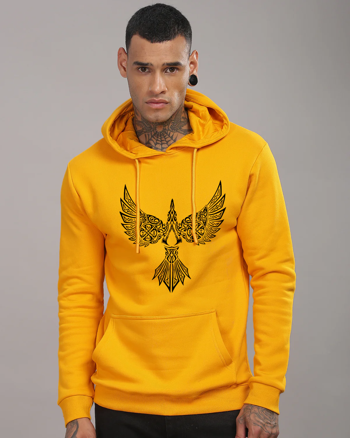Men Mustard Printed Hoodie - Image 3
