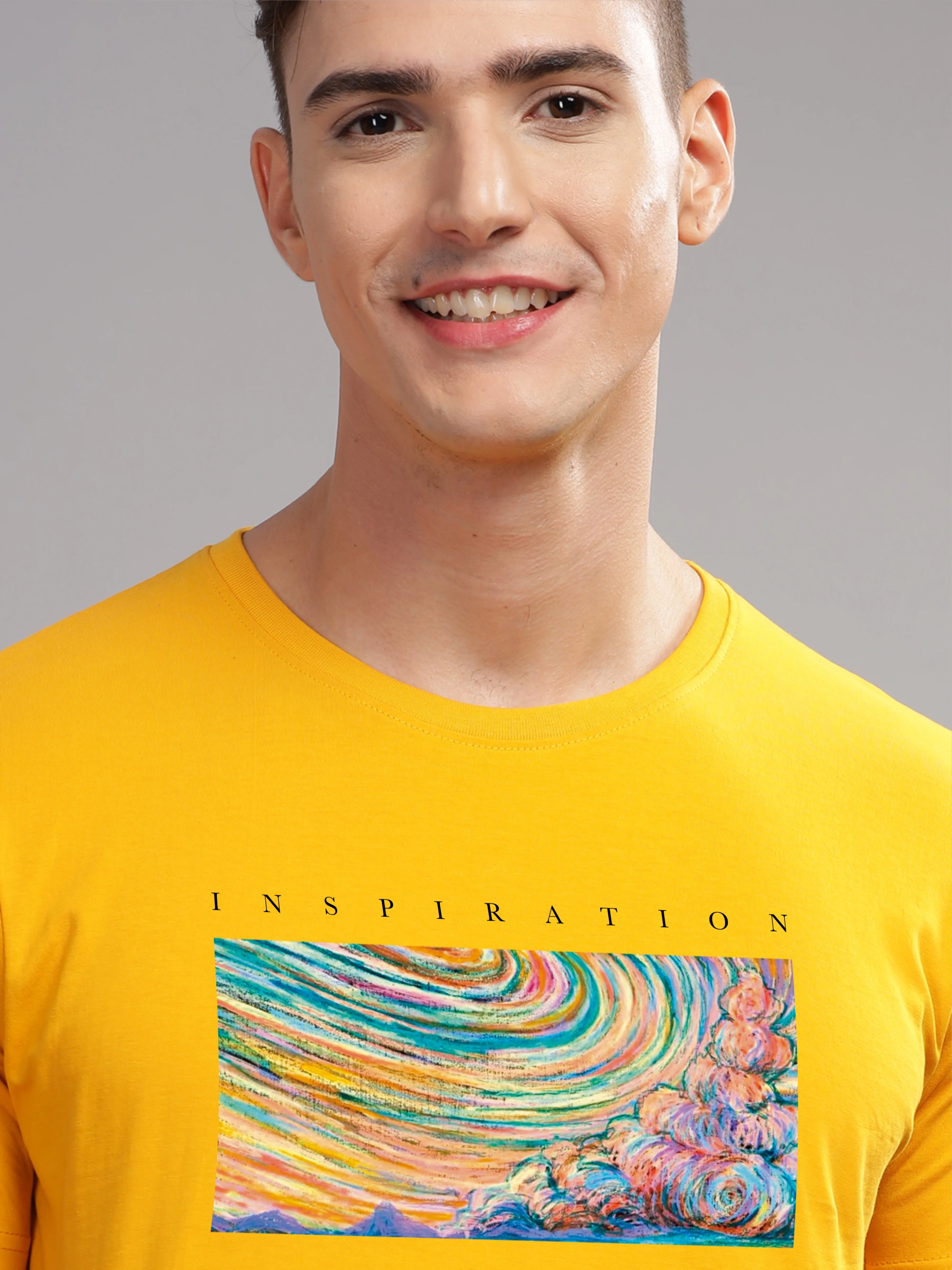 Men Mustard Round Neck T Shirt - Image 2