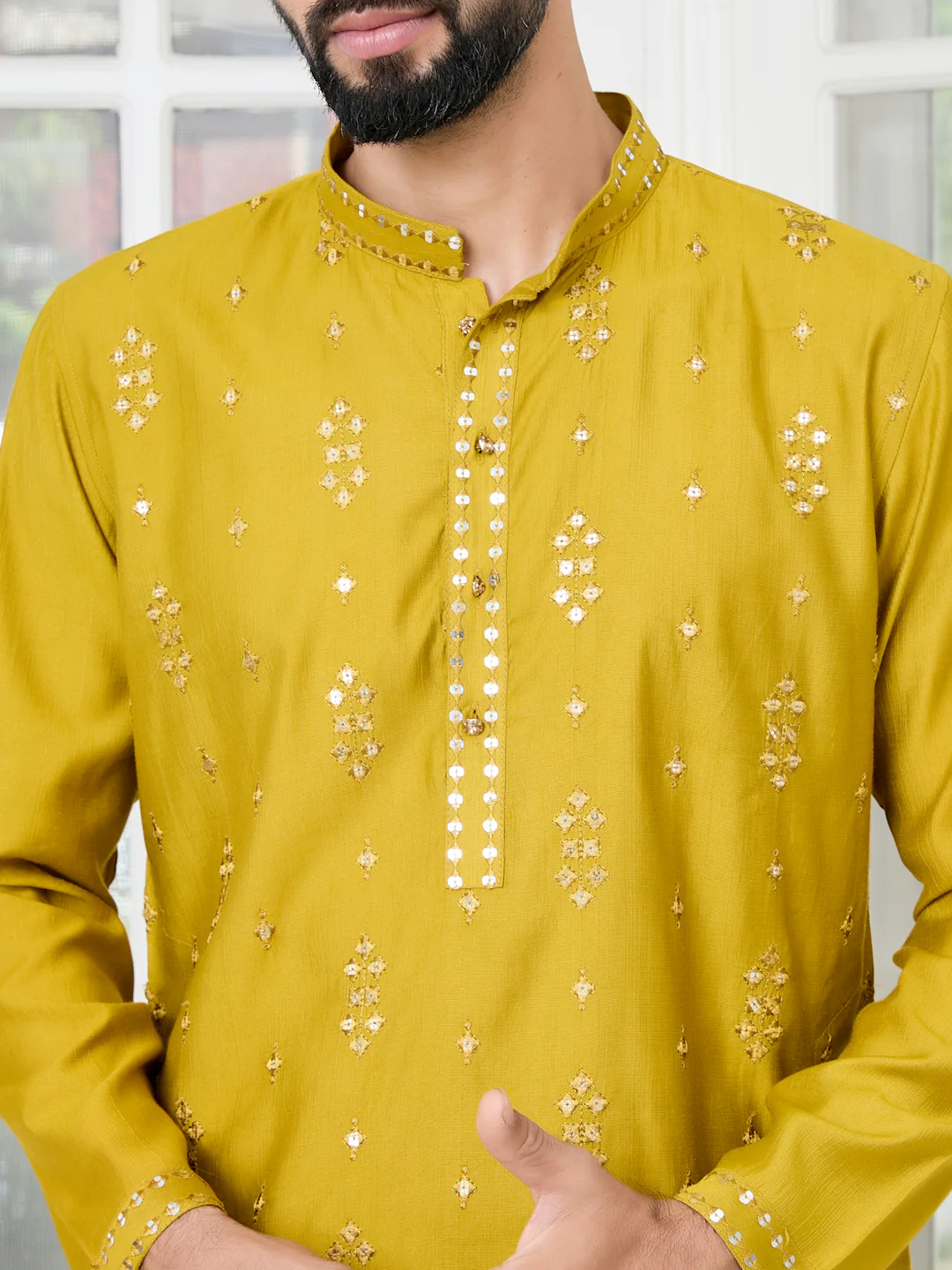 Men Mustard Sequins Embroidered Kurta - Image 2