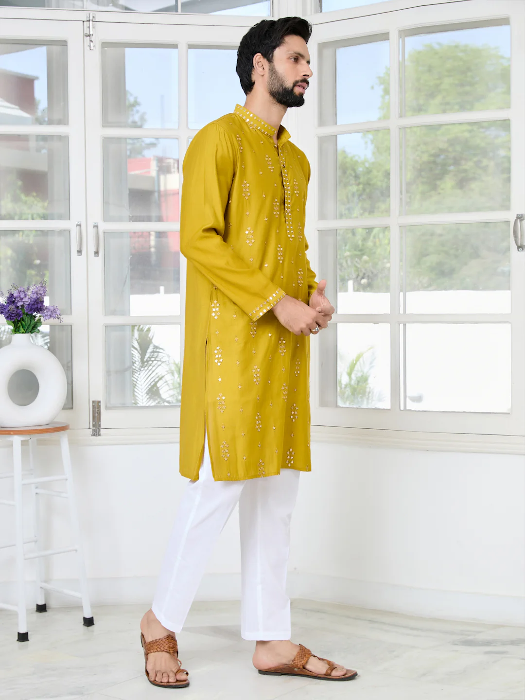 Men Mustard Sequins Embroidered Kurta - Image 3